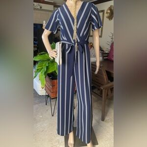 Monteau Navy and White Striped Jumpsuit